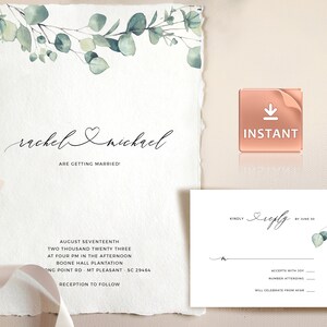 Op de afbeelding: Een huwelijksuitnodiging met een aquarel eucalyptusontwerp. De uitnodiging bevat de namen "rachel & nichrel" met een hartje en de tekst "are getting married!" De uitnodiging bevat ook de datum, tijd en locatie van de bruiloft. De RSVP-kaart bevat de tekst "Kindly Reply by June 30".