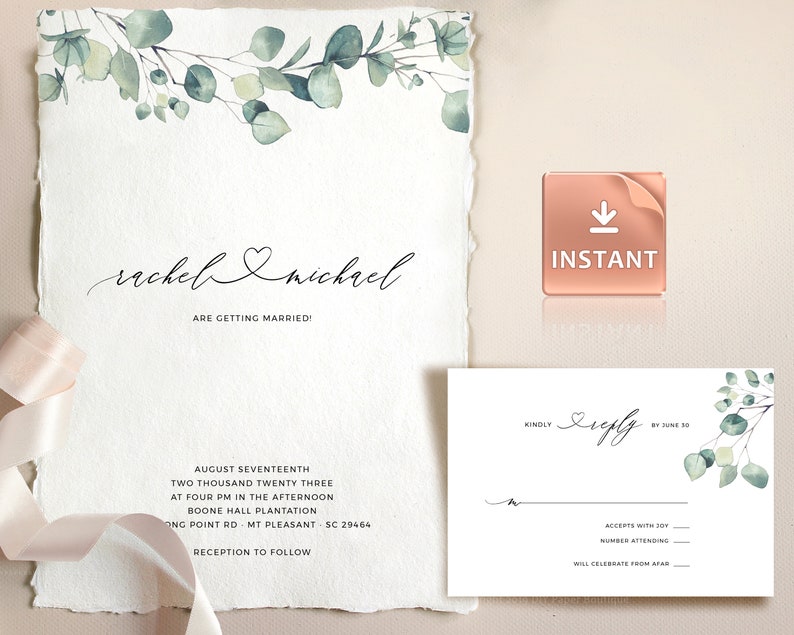 Op de afbeelding: Een huwelijksuitnodiging met een aquarel eucalyptusontwerp. De uitnodiging bevat de namen "rachel & nichrel" met een hartje en de tekst "are getting married!" De uitnodiging bevat ook de datum, tijd en locatie van de bruiloft. De RSVP-kaart bevat de tekst "Kindly Reply by June 30".