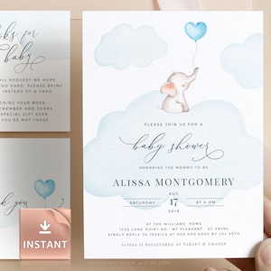 Blauwe olifant jongen baby shower uitnodigingen, baby olifant jongen baby shower uitnodiging, baby shower set, afdrukbare digitale download, blauwe baby