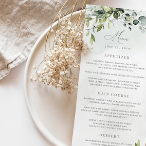 REESE - Szablon karty menu weselnego, eukaliptusowa zieleń liści wesele wieczór panieński brunch kolacja do wydrukowania edytowalne pobieranie szablonów