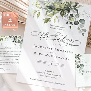 Editable Greenery Wedding Invitation Template, Boho Watercolor Eucalyptus Wedding Invite, Bohemian Wedding Templates, Instant Download REESE image 1
