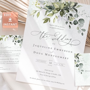 Modelo de convite de casamento com folhagens: Eucalipto Boho (download instantâneo)
