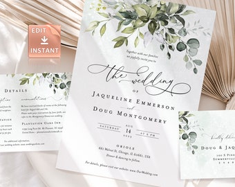 Editable Greenery Wedding Invitation Template, Boho Watercolor Eucalyptus Wedding Invite, Bohemian Wedding Templates, Instant Download REESE