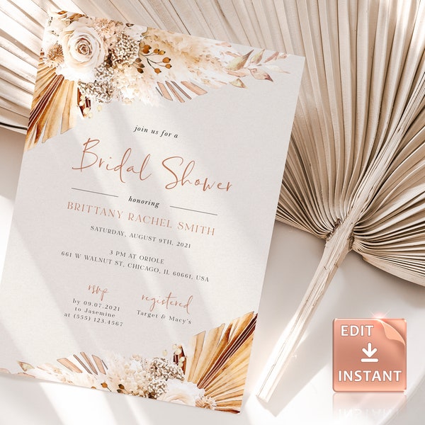 Pampas Grass Bridal Shower Invitation, Boho Burnt Orange, Copper, Terracotta, Printable Invite, Bohemian Dried Palm Rust, Beige, Templett