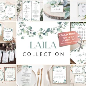 Op de afbeelding: Een verzameling afdrukbare huwelijkspapieren met een eucalyptus- en aquarelontwerp. De collectie omvat save-the-dates, uitnodigingen, menu's, tafelnummers, zitplaatsenplannen, welkomstborden en bedankkaartjes. De tekst "LAILA COLLECTION" wordt in het midden van de afbeelding weergegeven.