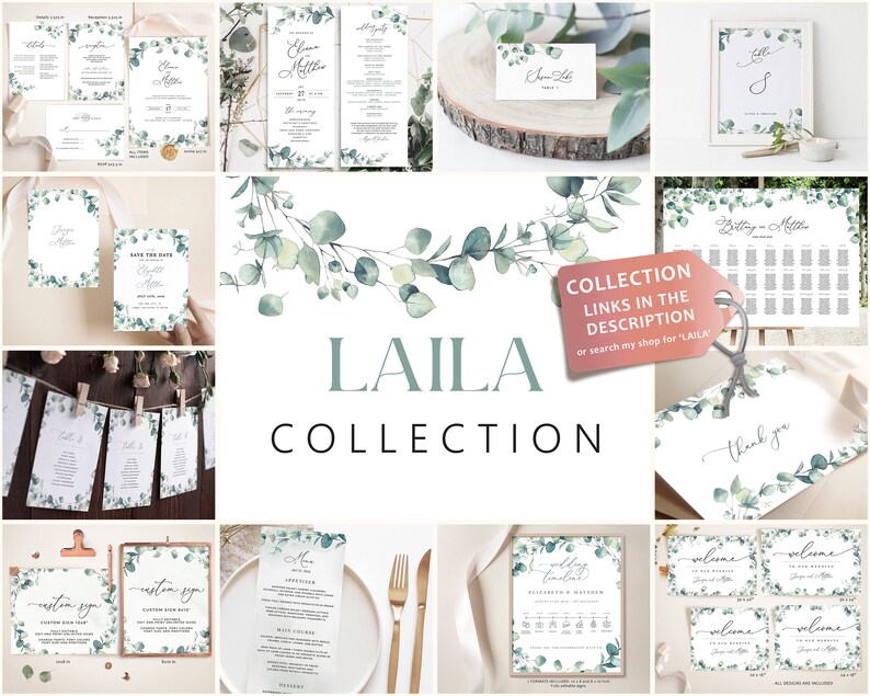 Op de afbeelding: Een verzameling afdrukbare huwelijkspapieren met een eucalyptus- en aquarelontwerp. De collectie omvat save-the-dates, uitnodigingen, menu's, tafelnummers, zitplaatsenplannen, welkomstborden en bedankkaartjes. De tekst "LAILA COLLECTION" wordt in het midden van de afbeelding weergegeven.