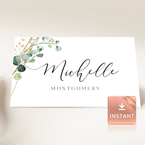 ELISA - Printable Wedding Place Cards, Eucalyptus Watercolor Greenery Leaves, Flat and Tent Folded, Faux Gold Editable Template, Name Card