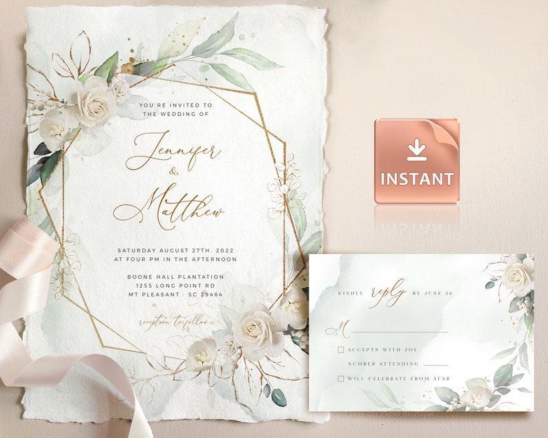 MARCI Geometrische Hochzeitseinladung Vorlage, Weiße Rose Faux Gold Hochzeitseinladungsvorlage, Hochzeitseinladung herunterladen, Invite Suite Kit Bild 1