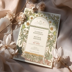 Modello modificabile di invito a nozze magnolia vintage Art Nouveau di Mucha Invito retrò personalizzabile classico Tema Art Deco Belle Epoque