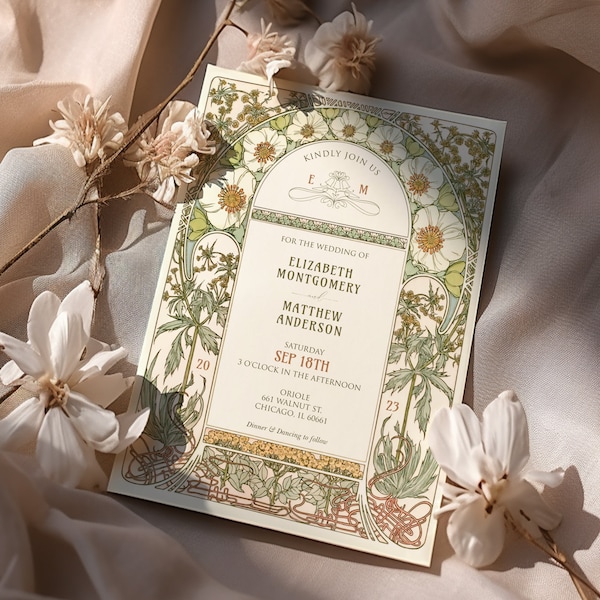 Editable Vintage Magnolia Wedding Invitation Template Art Nouveau by Mucha Classic Customizable Retro Invite Art Deco Theme Belle Epoque