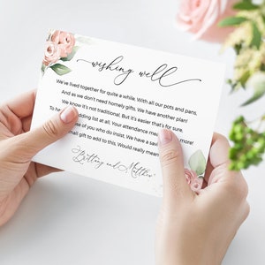Wunschbrunnen Kartenvorlage, Aquarell Boho Dusty Rose Greenery, sofortiger Download, druckbare Hochzeit, bearbeitbare Flitterwochen-Zeichenvorlage
