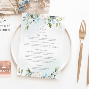 SALMA - modèle de cartes de Menu bleu clair, eucalyptus verdure poussiéreux mariage bleu douche nuptiale brunch dîner imprimable téléchargement modifiable