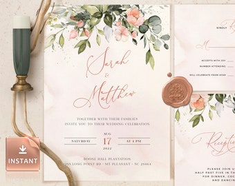 Blush Roses Wedding Invitation Template: Pink Greenery Suite (Printable, Editable)