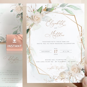 MARCI - Plantilla de invitación de boda geométrica, plantilla de invitación de boda de oro falso de rosa blanca, descarga de invitación de boda, kit de suite de invitación