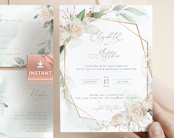 MARCI - Geometric Wedding Invitation Template, White Rose Faux Gold Wedding Invite Template, Wedding Invitation Download, Invite Suite Kit