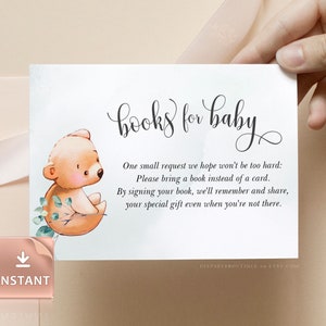 BooBoo - Livres pour cartes de bébé, Modèle de douche de bébé, Inserts d'ours de bébé aquarelle pour garçon fille, Insert imprimable de douche de bébé eucalyptus