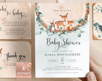 Woodland Baby Shower Invitation Template, Gender Neutral for Boy and Girl, Printable Tree Rings Animal Baby Shower Invite, Deer, Rabbit, Fox