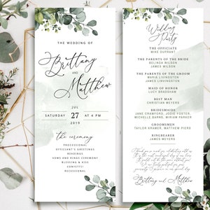 Può includere: Invito di nozze con sfondo acquerellato verde e dettagli floreali. L'invito recita "Il matrimonio di Brittany e Matthew" e include la data e l'ora della cerimonia. Il retro dell'invito elenca la festa di nozze.