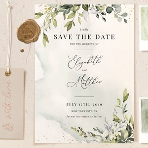 REESE - Save The Date Karte mit Eukalyptus Aquarell Grün, Save the Date druckbar, Sofort Download, Save Date Vorlage, DIY bearbeitbar