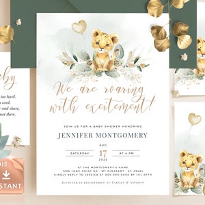 Invitation de douche de bébé LION imprimable, invitations de bébé sauvage modifiables, cartes de douche de bébé Safari, nous rugissons d'excitation, vert jaune