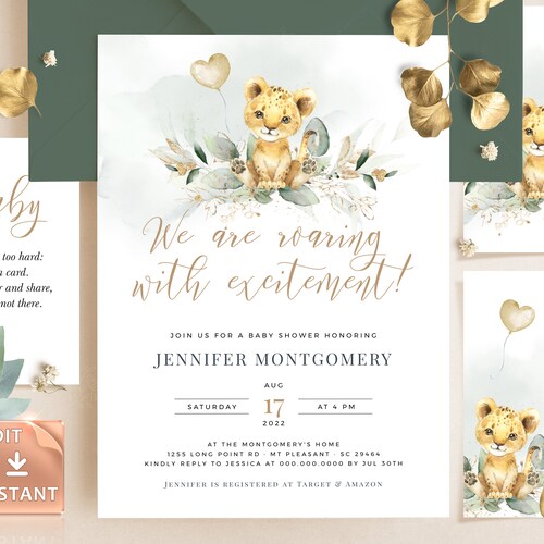 Printable Lion Baby Shower Invitation Template Watercolor - Etsy