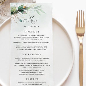 CLEO - Karta menu z eukaliptusową zielenią, wydrukowana sztuczna złota na wesele, kolacja brunchowa na wieczór panieński natychmiastowe POBIERANIE, edytowalny szablon DIY