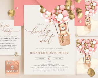 Pink Gold Bearly Wait Bear Baby Shower Invite Hot-Air Adventure Soaring Soon Girl Balloon Printable Shower Template Editable Templett DIY