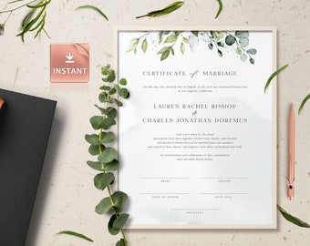 REESE - Printable Greenery Marriage Certificate Template, Certificate Keepsake, Greenery Calligraphy Wedding Certificate, Wedding Keepsake