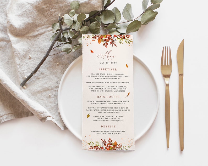 SIENNA Fall Wedding Menu Cards Template Autumn Greenery | Etsy
