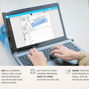 May include: A laptop computer screen displaying a printable baby shower game with a blue and green watercolor background. The game is called "Baby Word Scramble" and features an illustration of an elephant. The text on the screen says "Unscramble the baby words below".