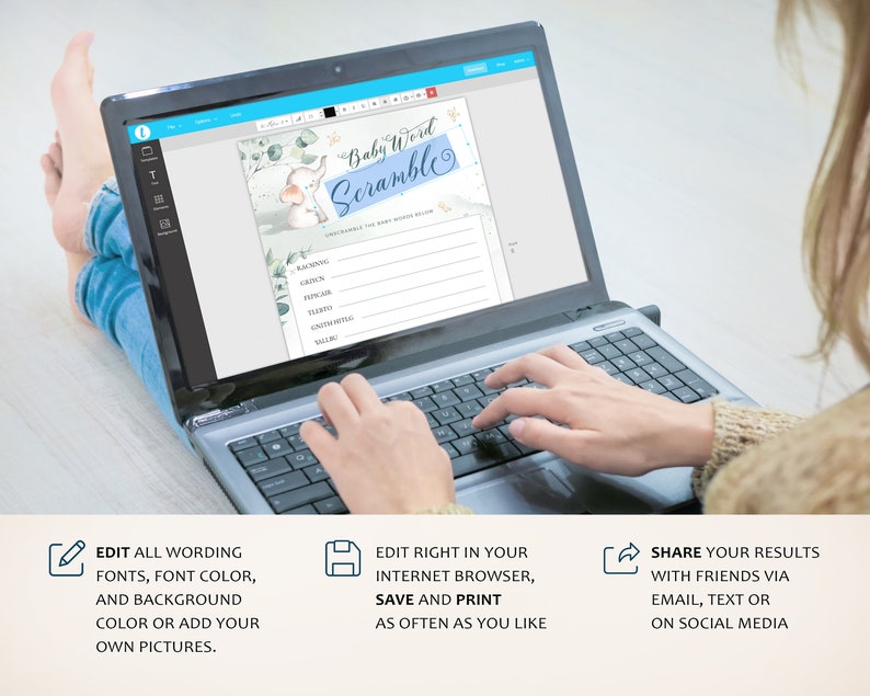 May include: A laptop computer screen displaying a printable baby shower game with a blue and green watercolor background. The game is called "Baby Word Scramble" and features an illustration of an elephant. The text on the screen says "Unscramble the baby words below".