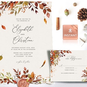 SIENNA - BOHO herfst bruiloft uitnodiging sjabloon, herfstbladeren en groen, INSTANT Download bewerkbare Suite, afdrukbare huwelijk, herfstbundel