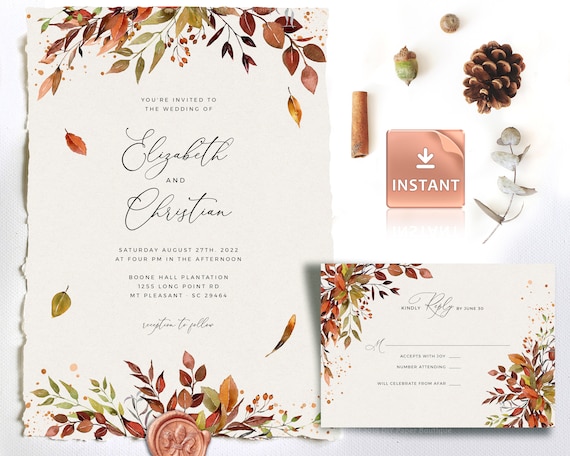 SIENNA BOHO Fall Wedding Invitation Template, Autumn Leaves and Greenery,  INSTANT Download Editable Suite, Printable Marriage, Fall Bundle -   Israel