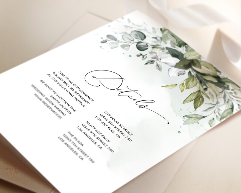 May include: Wedding details card with a watercolor background featuring green leaves and white flowers. The card lists hotel options for guests attending the wedding, including the Four Seasons, Hyatt Regency, and The Plaza, all located in Los Angeles, California.