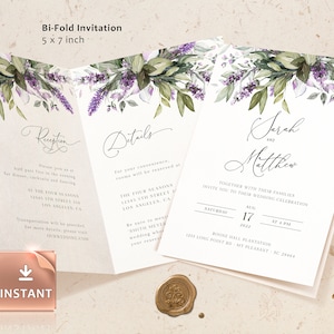 Lavender Greenery Wedding Invitation Template: Folded Bi-Fold (Digital Download)