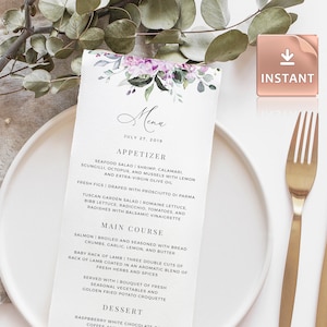 LILAC - Plantilla de tarjetas de menú de boda, follaje de vegetación púrpura boda despedida de soltera brunch cena imprimible plantillas de descarga editables