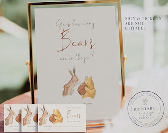 Winnie-The-Pooh Baby Shower Game: Guess How Many Bears Sign & Tickets (Digital Printable)
