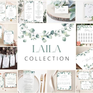 LAILA Collection - Eucalyptus Wedding Template Kit, Boho Wedding Stationery Bundle, Wedding Invitation Set, Invitation Template Download Set