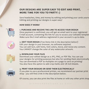 May include: A guide on how to edit and print digital designs. The guide includes four steps: purchase and receive the link to access your design, edit your design, download your files, and print your designs or send them electronically. The guide also mentions that you can print the files at home or with any other print shop.