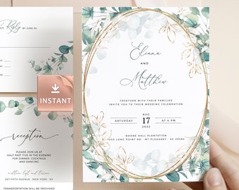 LAILA - Eucalyptus Gold Wedding Invitation Template, Watercolor Eucalyptus Greenery, INSTANT Download, Editable, Printable Templett Kit
