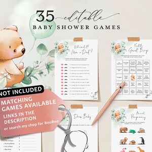 May include: A set of 35 printable baby shower games featuring a cute cartoon bear with green foliage. The games include "Who Said It Mom or Dad?", "Find the Guest Bingo", "Draw Baby", and "Animal Pregnancy".