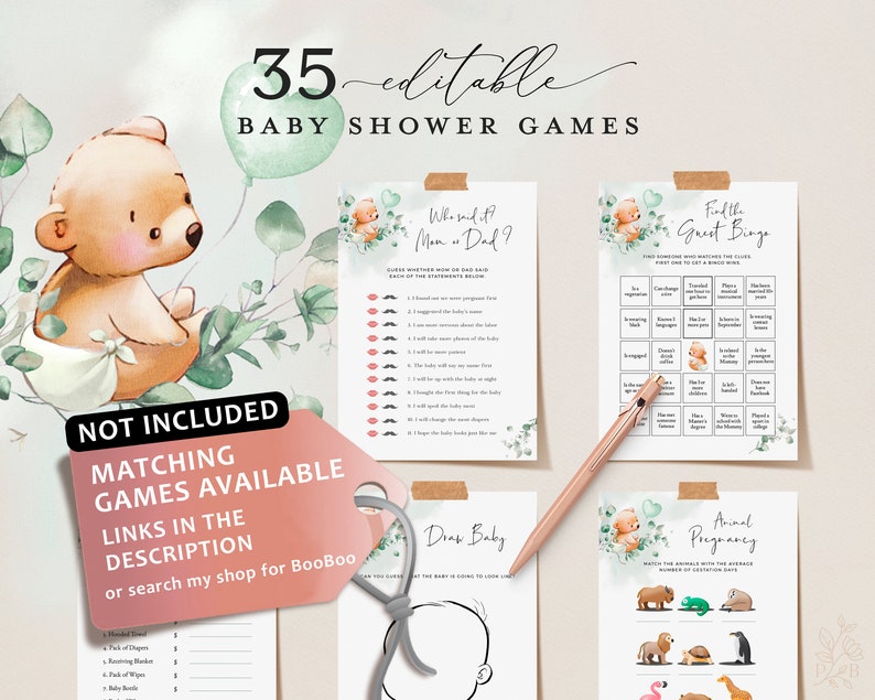 May include: A set of 35 printable baby shower games featuring a cute cartoon bear with green foliage. The games include "Who Said It Mom or Dad?", "Find the Guest Bingo", "Draw Baby", and "Animal Pregnancy".