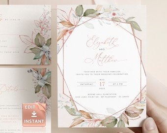 Holly - Geometric Rose Gold Wedding Invitation Template, Romantic Rust Wedding Invite Template, Wedding Template Download, Rosegold Invite