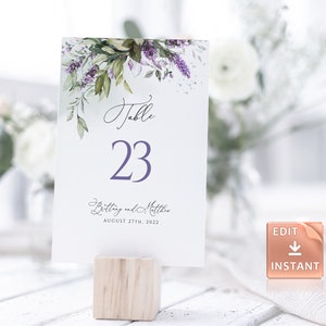 Lavendel Hochzeit Tischnummern: Lila Blumen, bearbeitbare Vorlage (Instant Download)