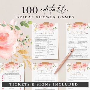 Floral Bridal Shower Games, Pink Gold 100 Games Collection, Bachelorette Printable, Faux Gold Peonies, Hen Party Game, Blush Flowers Wedding