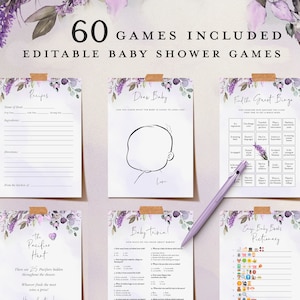 Lavender Baby Shower Games: 60 Purple Printable Games (Editable)