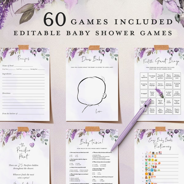 Lavender Baby Shower Games, 60 Purple Editable Baby Shower Games, Printable Baby Shower Games, Lilac Baby Party Games Virtual Baby Games