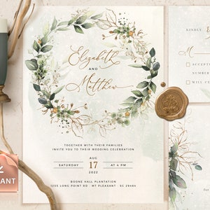 Boho Wreath Wedding Invitation Template, Wedding Invite Template, Wedding Invitation, Invitation Template Download, Faux Gold Invite CLEO image 1