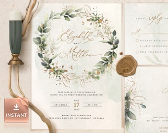 Boho Kranz Hochzeitseinladungsvorlage, Hochzeitseinladungsvorlage, Hochzeitseinladung, Einladungsvorlage herunterladen, Faux Gold Einladung CLEO