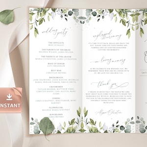 REESE - Programas de boda trípticos con eucalipto, plantilla de ceremonia boho plegada, tarjeta plegada de vegetación rústica, orden de servicio editable